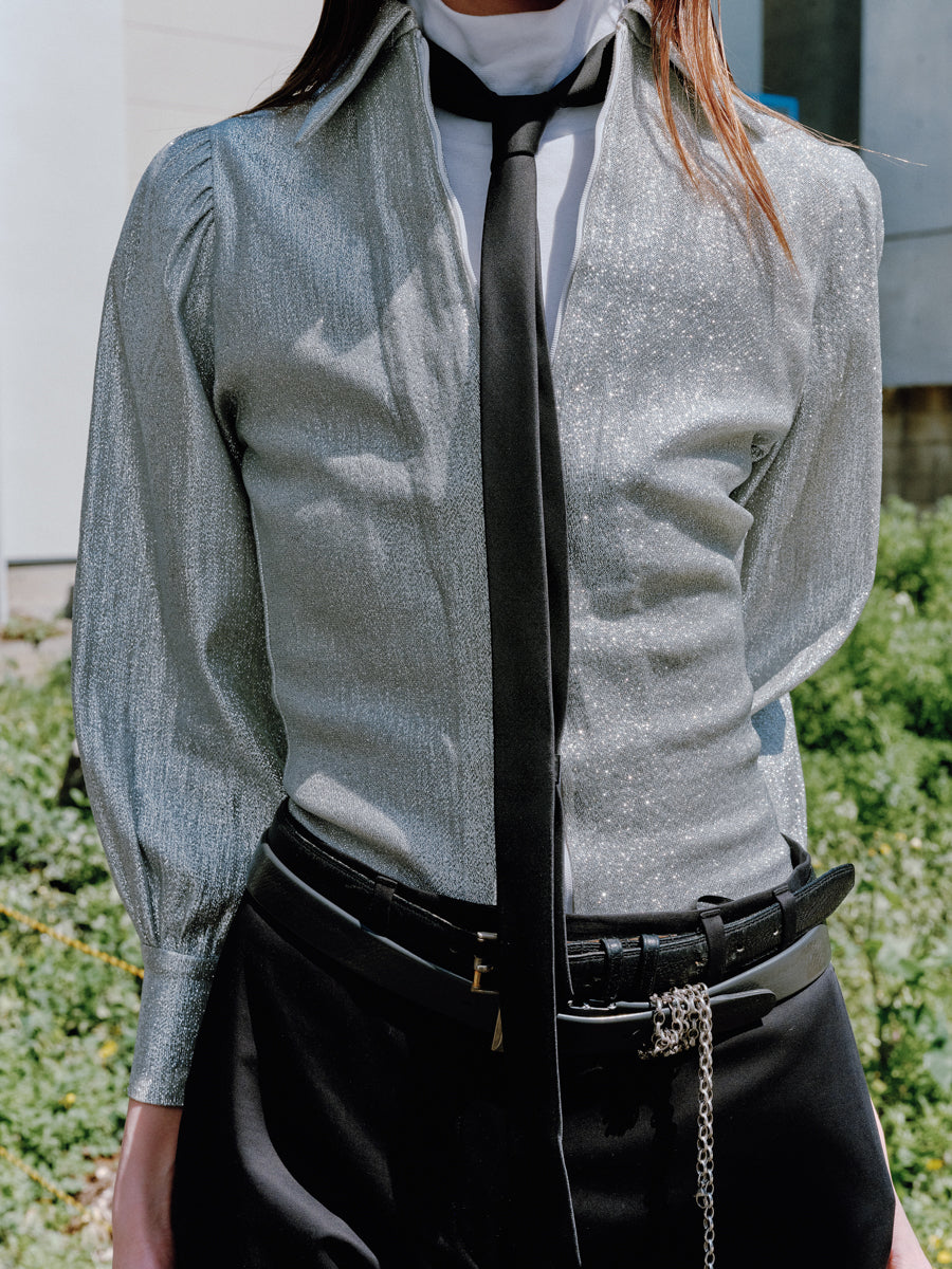 70s Glam Silver zip Blouse (Tailer made)
