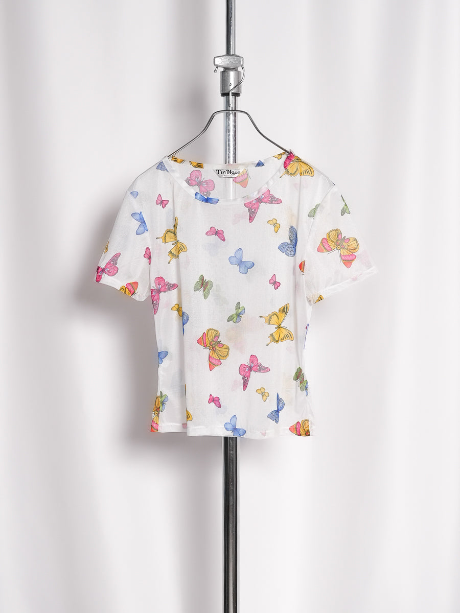 Butterfly Print See-through T-shirt