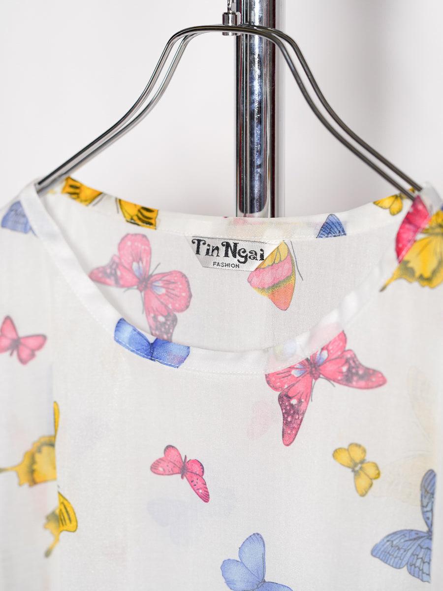 Butterfly Print See-through T-shirt